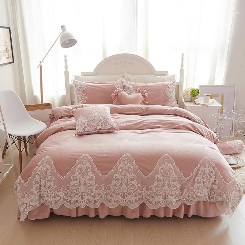 

fleece winter warm bed set girls princess style queen king size duvet cover bed skirt bedding sets lace Ruffles bedclothes1, Color 6