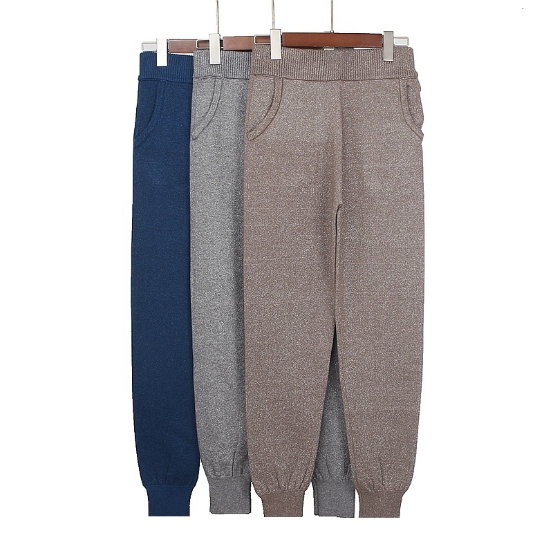 

2021 New Glitter Women Casual Harem Knitted Warm Pants Autumn Winter Sweater Trousers with Pockets 0u87, Apricot g111