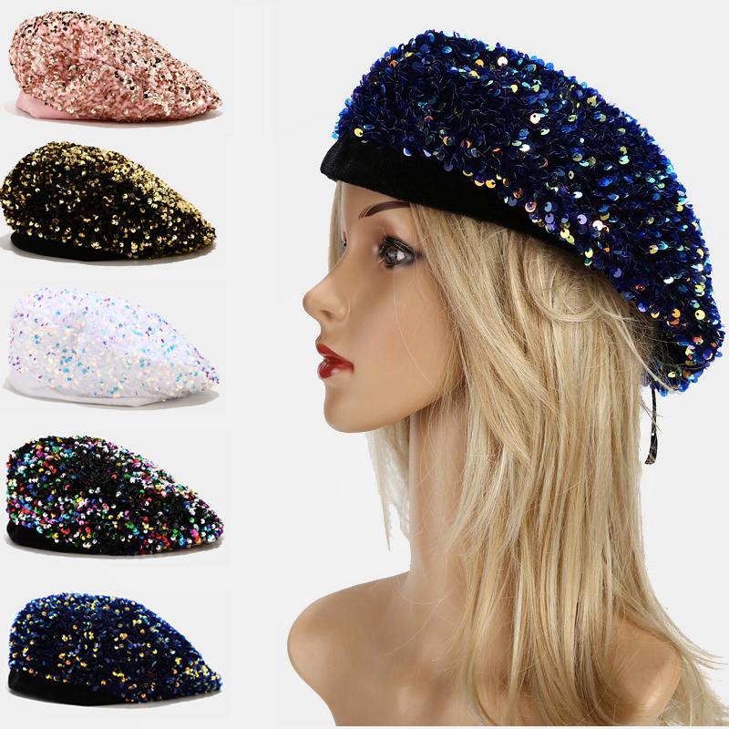 

Berets Winter Beret Hat Women Ladies Luxury Hand-stitched Shining Sequins Painter Sboy Hats French Girls Bonnet Beanies Caps Fashion, 01 black