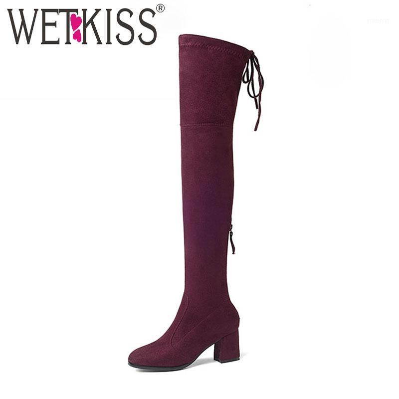 

WETKISS Newest Model Lady Over the Knee Boot Zipper Stretch Fabric Long Boot Thick High Heel Woman Shoes Winter Big Size 431, Red