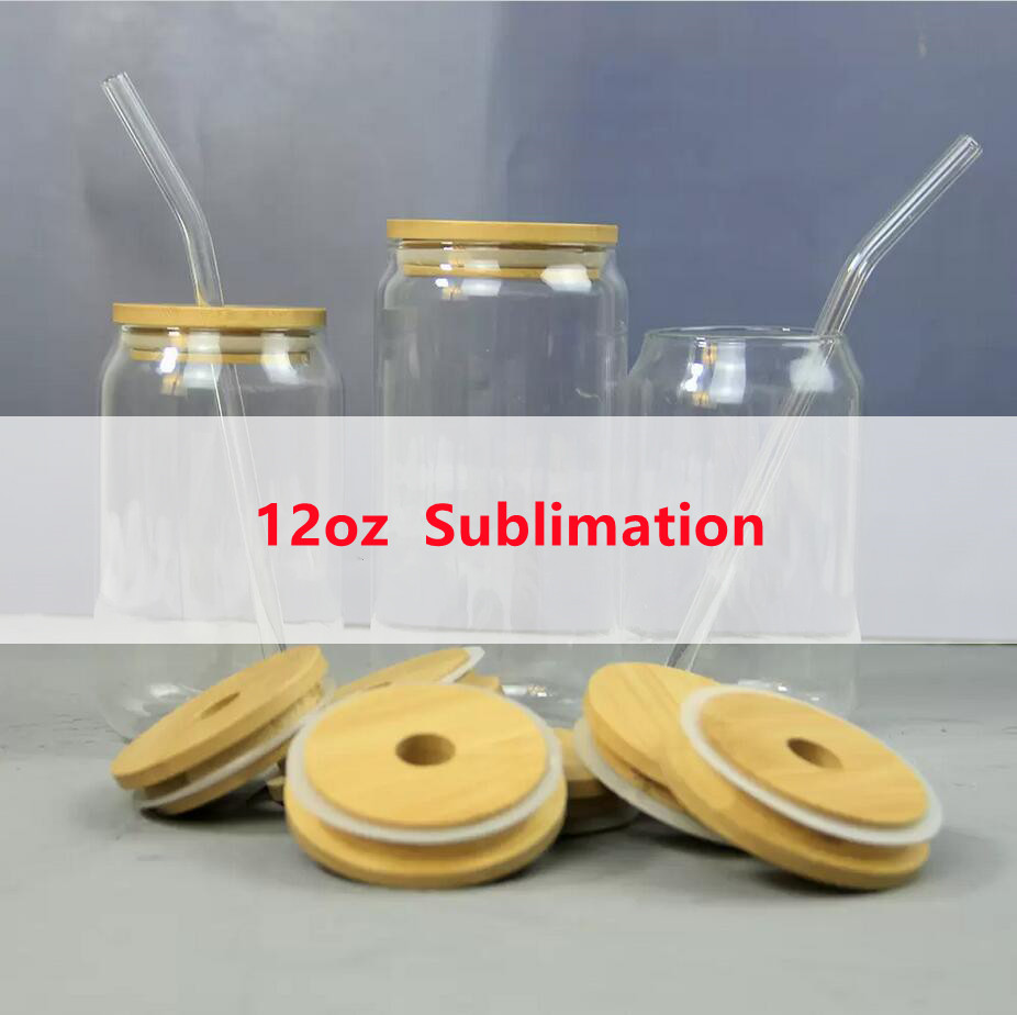 

Personalized 12oz Clear Glass Cup Tumbler Sublimation Soda Pop Can DIY Matte Coffee Milk Mug with Bamboo Lid Juice Straw Cups