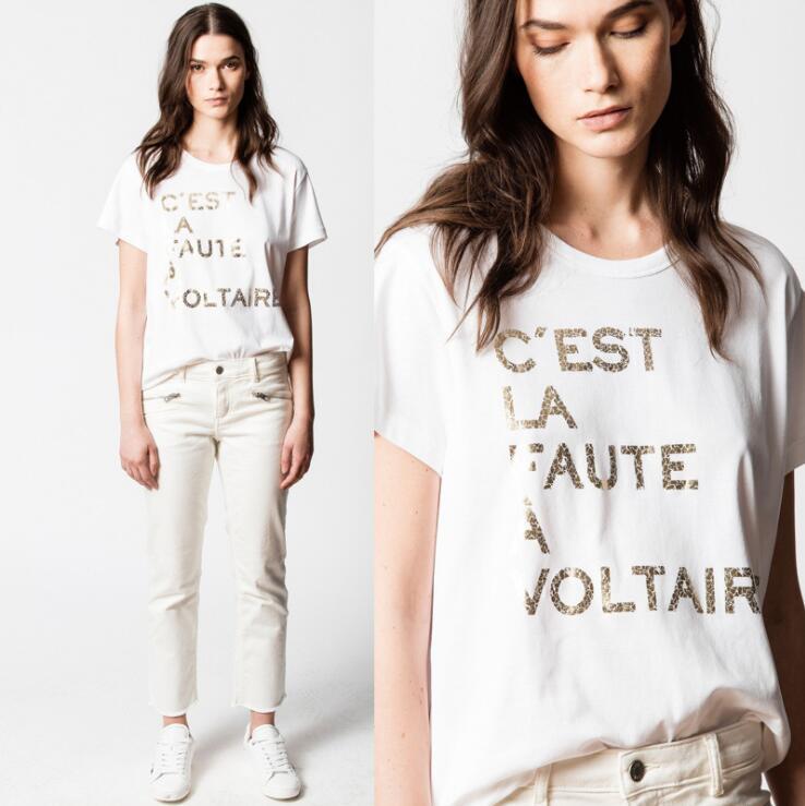 

High Quality!The new summer French niche ZADIG women's ripped monogrammed printed cotton T-shirt short sleeves white ~L