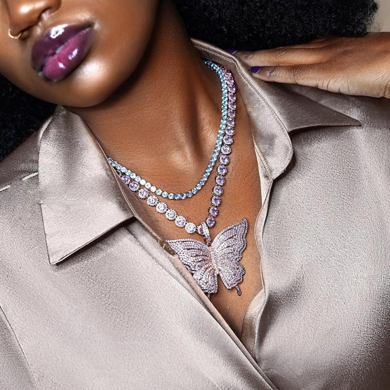 

Chokers 2021 Gorgeous Luxury Women Jewelry Geometric Round CZ Cluster Tennis Chain Butterfly Necklace Pink White