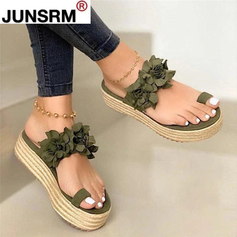 

2021 Women's Summer Sandals Flower Ladies Open Toe Slip On Flock Flat Platform Shoes Woman Fashion Comfortable Casual Female, Green