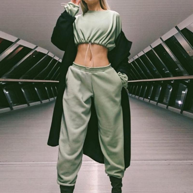 

Women Sports 2 Pieces Set Casual Solid Drawstring Tracksuit Short Sweatshirts Tops+Sweatpants Joggers Fashion Outfits Streetwear, Green