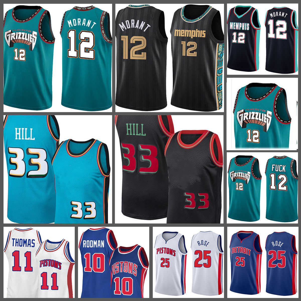 

2021 new Grant 33 Hill Ja 12 Morant Isiah Basketball Jersey Thomas Dennis 10 Derrick 11 Rodman Rose jerseys, Please buy $20 - if only need logos