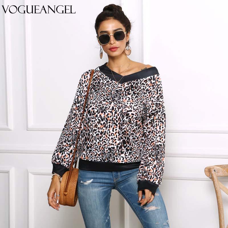 

2020 Autumn Winter Plus Size Women Hoodies V Neck Off Shoulder Long Sleeve Leopard Print Sweatshirts Sexy Women Pullover, Black