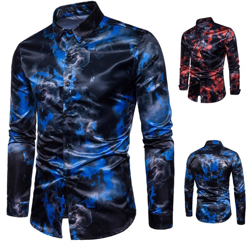 

Men Shirts Men's Fashion Print Turn-Down Collar Slim Fit Long Sleeve Top Shirt Blouse Male Casual camisa masculina Plus Size, Blue