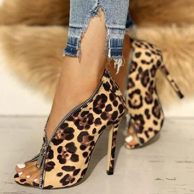 

Summer Women High Heels Pumps Sexy Leopard Peep Toe Ladies Sandals Fashion Zipper Platform Stiletto Party Wedding Shoes, Brown