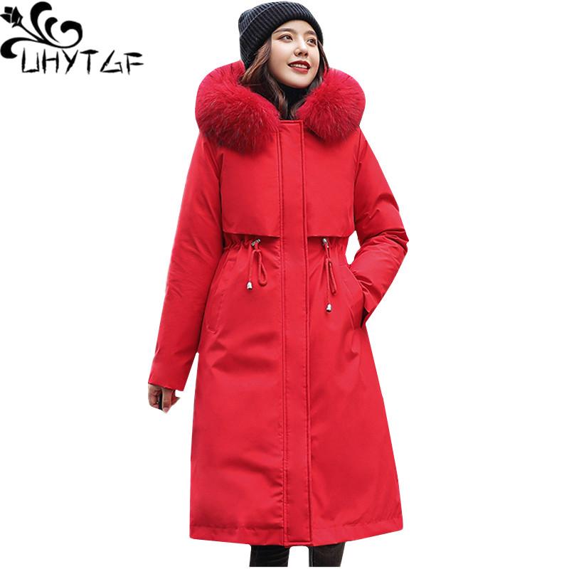 

UHYTGF Parker women fashion fur collar hooded cold protection Warm winter Cotton coat Mid-length Casual 4XLPlus Size Jacket 1253, Beige