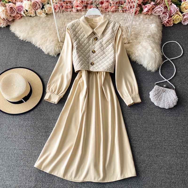 Work Dresses 2021 Spring Vest Two-piece Women Clothing Korean Vintage 2 Piece Set Trendy + Long Sleeve Silm Dress Suits Ensemble Femme
