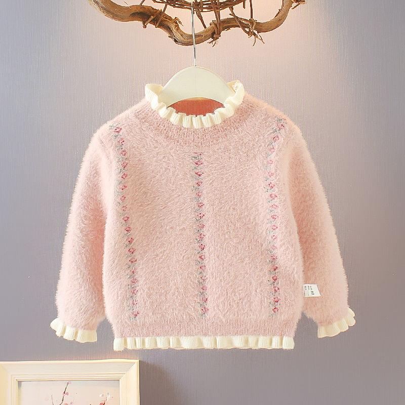

Winter Girl'S Sweater Children Warm Girl'S Faux Mink Cashmere Thi Base Shirt Western Style Baby Autumn Clothing New Style Fash, Pink