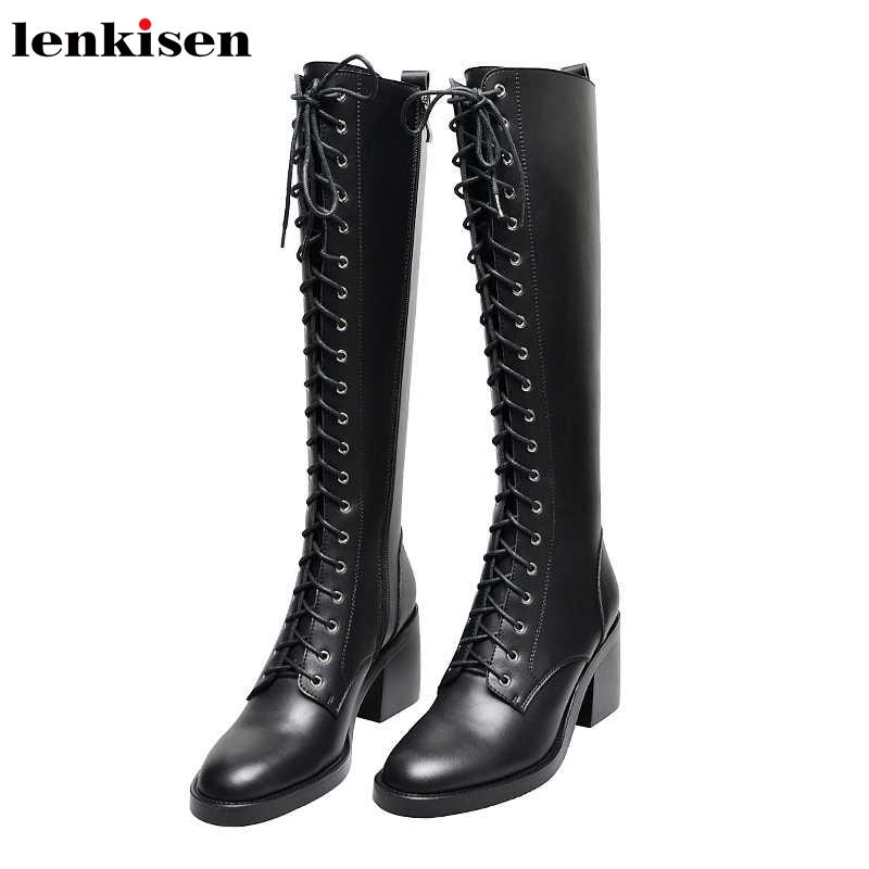 

Lenkisen European style lace up genuine leather knight boots round toe high heels winter warm black colors thigh high boots L93