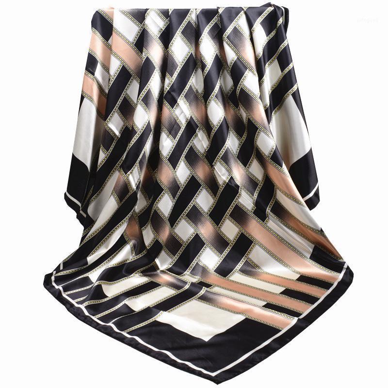 

Scarves 2021 Style Spring And Autumn Imitated Silk Fabric Printed Kerchief 90 Large Satin Lattice Sun-resistant Scarve1