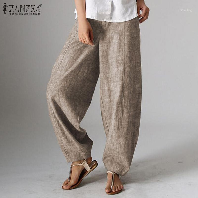 

ZANZEA Women High Waist Solid Lanten Pants Elegant Work Wide Leg Pants Casual Loose Trousers Solid Harem Pantalon Plus Size1, Black