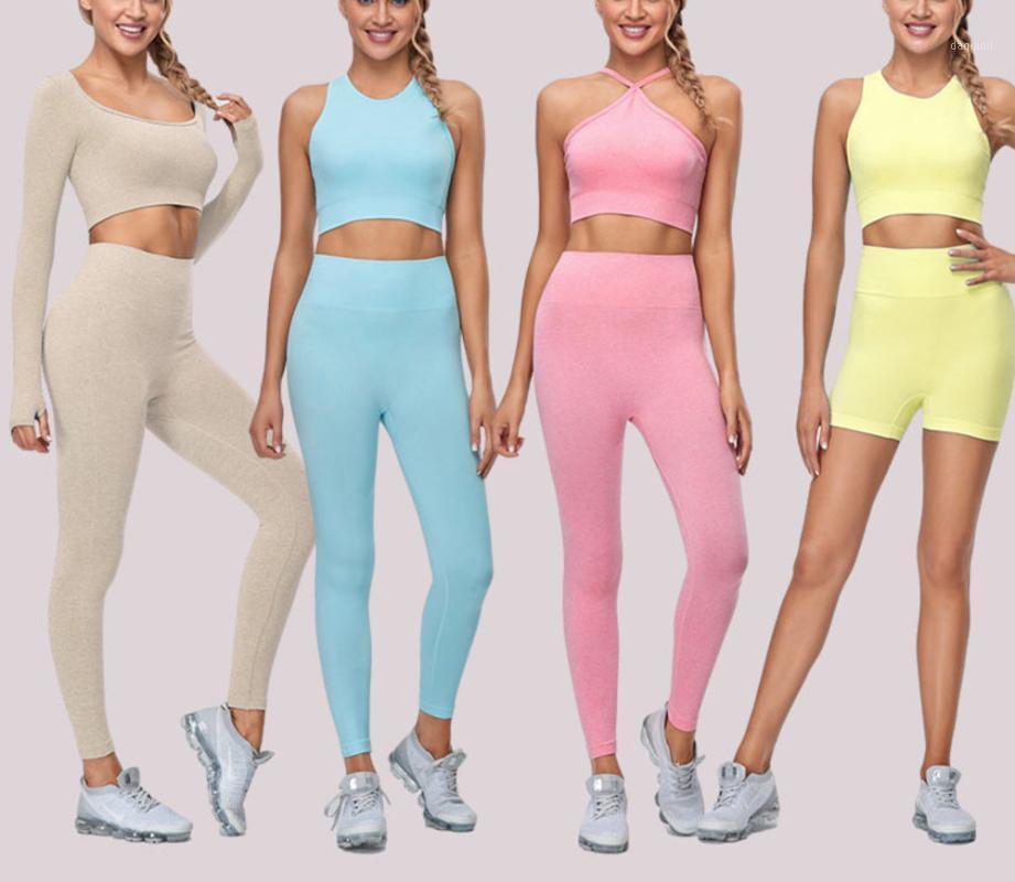 

New seamless knitted Yoga fitness clothing long sleeve sports wear bra Yoga workout clothes jogging for sport set women gym1, - heather blue