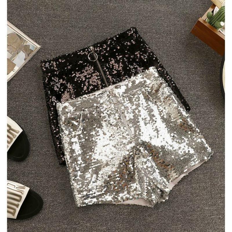 

2020 Early Autumn New Slim Fit Versatile Sequin Zipper High Waist Shorts Sparkling Stage Hong Kong Style Casual Pants Shorts, Black