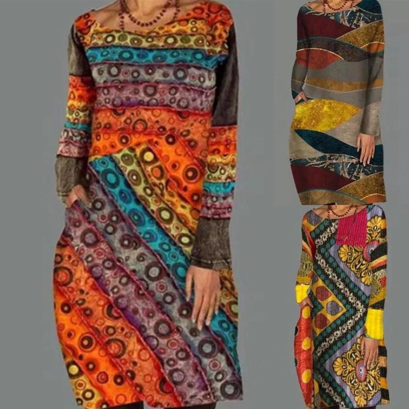 

Vintage Women Circle Ethnic Print O Neck Long Sleeve Party Knee-length Dress