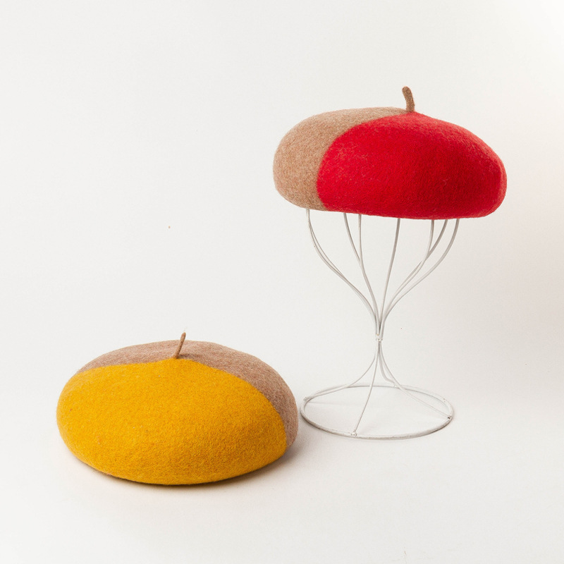 

High fashion hats winter berets for women girls Casual color matching three-dimensional wool beret painter hat warm woolen hat, Yellow