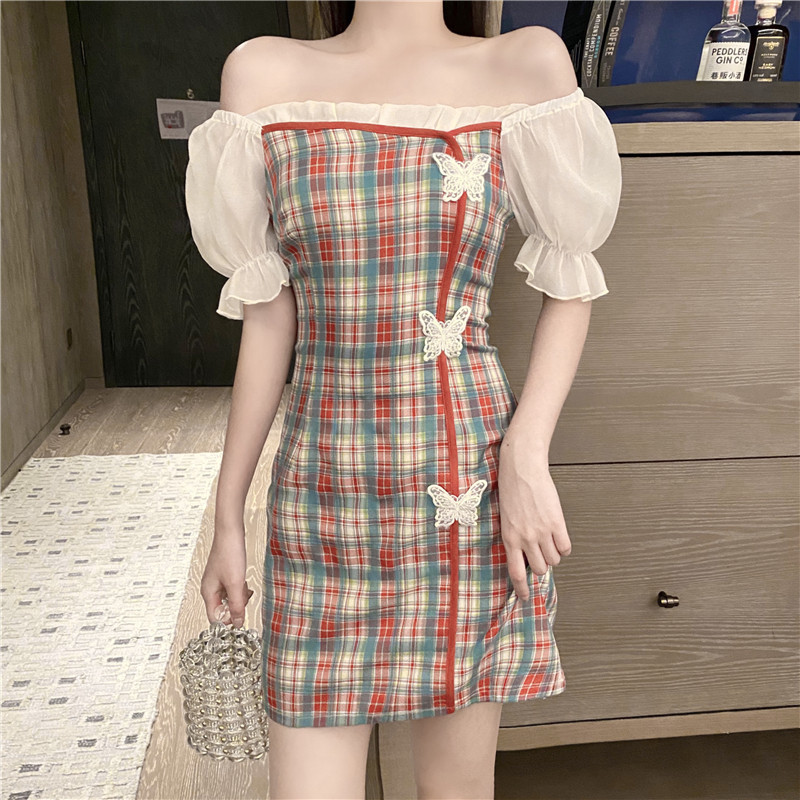 

2021 New Fashion Female Retro Summer Butterfly Embroidered Square Collar Plaid Bubble Sleeve Dress Short Scabbard AAAP, Red
