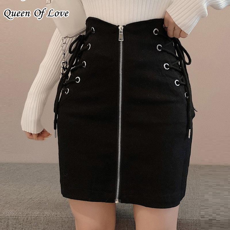 

Hot Sale Fashion Black Mini Skirt Women Casual High Waist Sexy Cross Strap Design Front Zipper Bodycon Bandage Skirts
