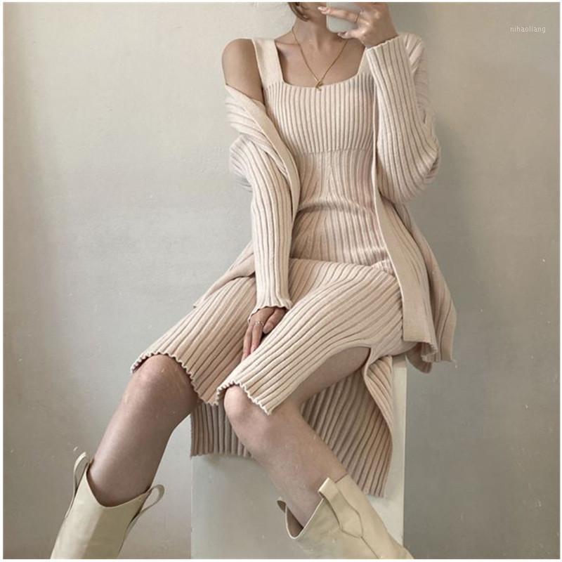 

Luxury high quality Suspender Vest Dress + women Cardigan 2pcs Suits 2021 winter Office Ladies Elegant Knitting Clothing Sets1, Khaki