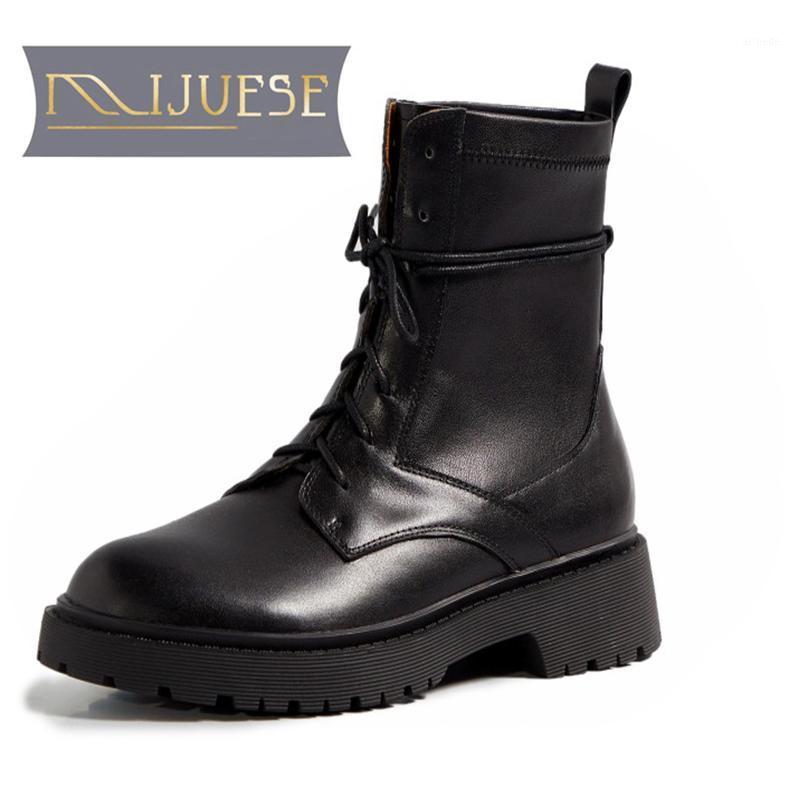 

MLJUESE 2021 women ankle boots soft Cow leather winter short plush lace up round toe high heels equestrian boots party dress1, Black