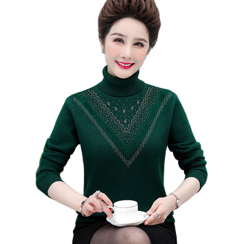 

Winter Fashions Middle-aged Lady Turtleneck Jumper Loose Long Sleeve Woman's Top Sweater Warmer Velvet Knitted Shirts R581 446y, Red.