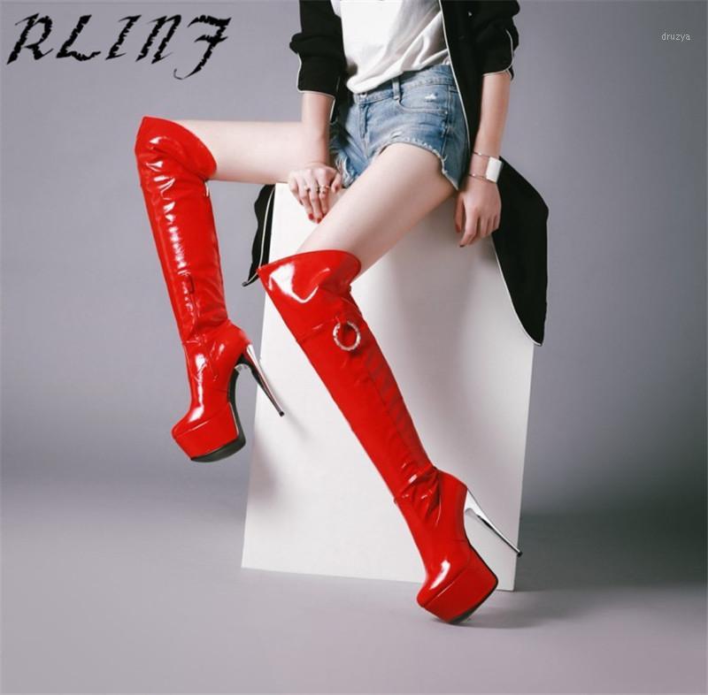 

RLINF Sexy Women Over The Knee Boots High Heel Pole Dance Autumn and Winter New Patent Leather1, Black