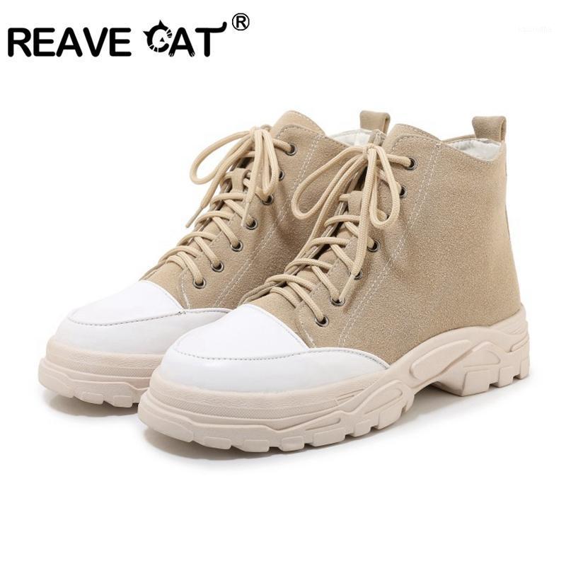 

REAVE CAT Sport Lace up Ankle Boots 4CM Flat square heel Faux suede Casual Small big size 29-46 Spring Autumn Winter Plush A32461, Black no fur