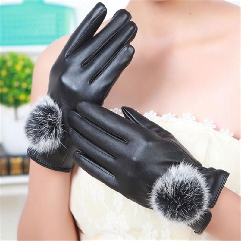 

1Pair New Winter Soft Mittens Warm PU Leather Fur Balls Female Gloves Touches Screen Women Gloves IK88