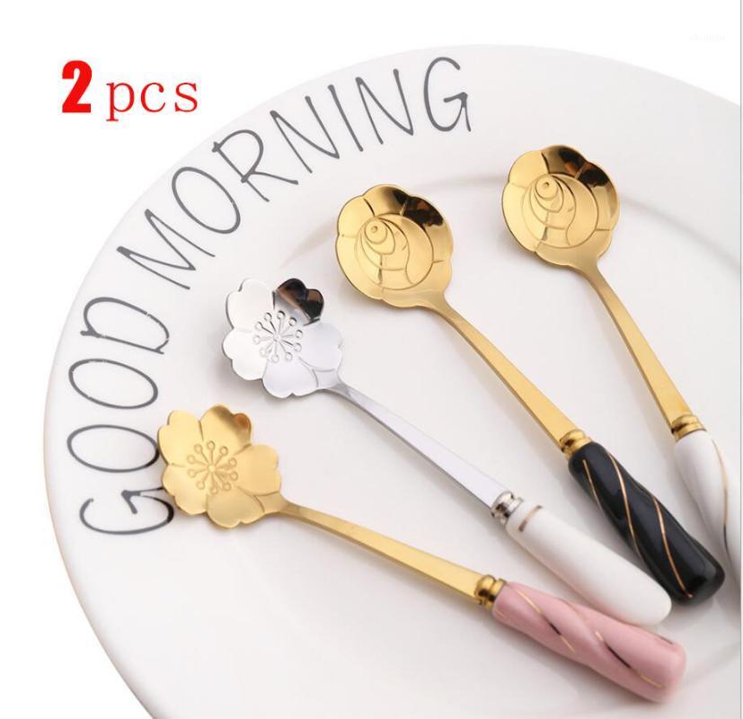 

2 pcs Tableware coffee mixing spoon ceramic handle flower spoon stainless steel gold-plated cherry rose kitchen tool1
