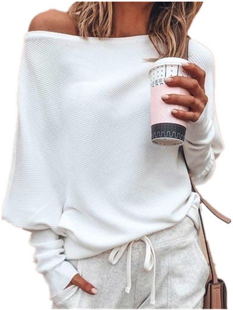 

Women Off Shoulder Sweater Autumn New Slash Neck Long Sleeve Knitwear Fashion Solid Color Knit Tops Female Casual Loose Pullover, White;black