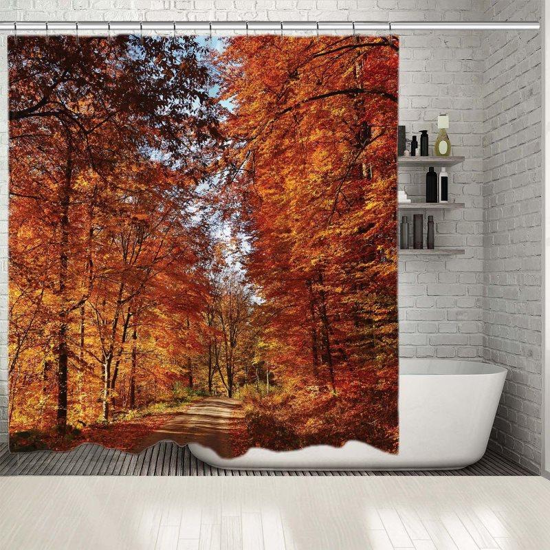 

Shower Curtain Road in Forest Trees Leaves Sunny Autumn Day Wild Nature Landscape Orange Brown Scenery Printed