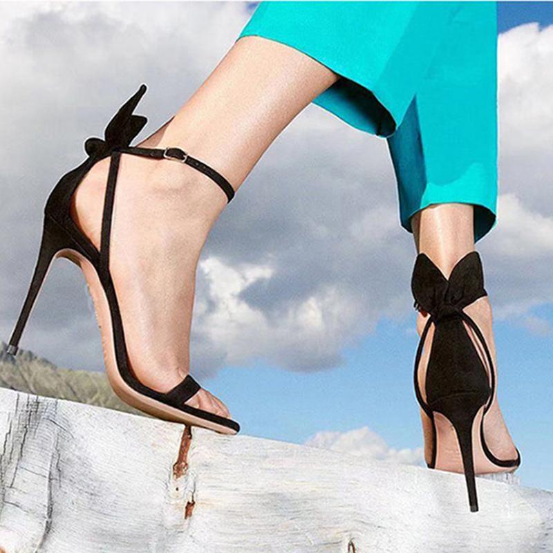 

2021 Women's Summer Bow-Knot Stiletto Heels Sandals Female Buckle Elegant Footwear Ladies Rubber Sole Open Toe Party Shoes, Apricot