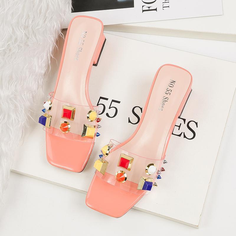 

2020 Most Popular Ladies Transparent Rhinestone Slippers Woman Low Heels Sexy Shoes High Quality Beach Shoes Pink Color JS20051, As picture 2