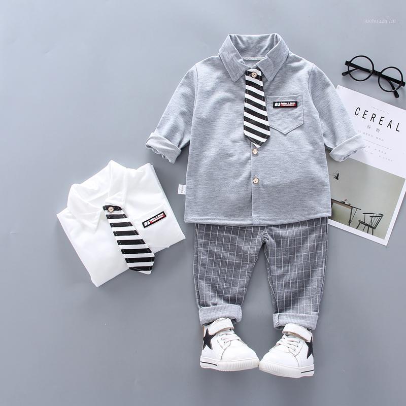 

New Baby Boys clothing Sets White Grey shirt+Plaid pants 2pcs Infant toddle Suitskids outwears with tie baby boys clothes1, Gray