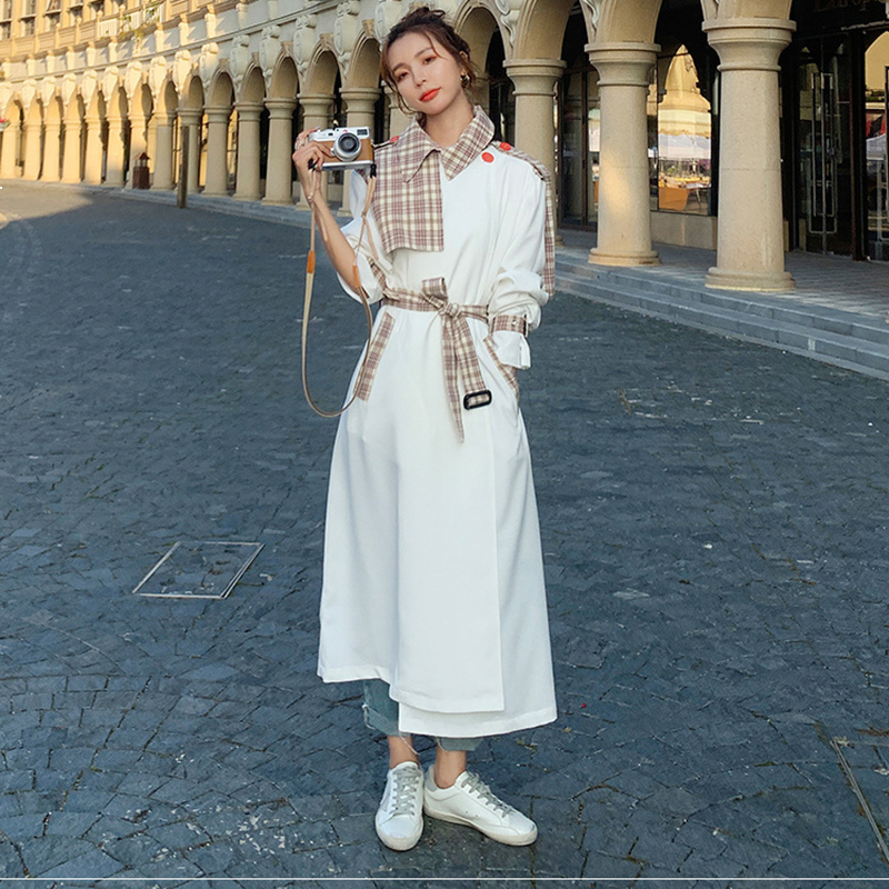

2021 New Female White Jacket Long Section Spring New Fashion British Plaid Lacquer Loose Trench Coat L8 Rb3x