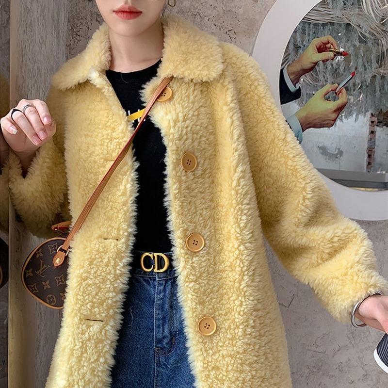 

New Women Winter Loose Warm Sheep Shearing Fur Outwears Female Casual Single Breasted Long Plus Size Real Lamb Wool Fur Coat Z78, Qi zhi