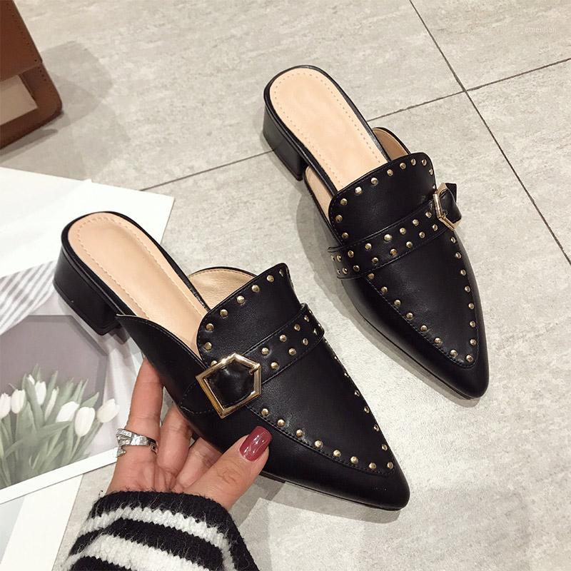 

Women's Summer PU Leather Slippers Rivets Ladies Slip On Point Toe Chunky Heels Woman Soft Pu Leather Female Shoes Autumn 20201, Black