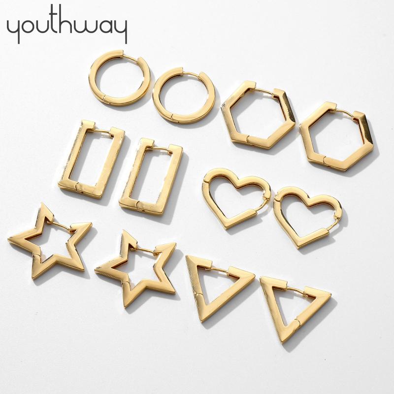 

Unique Flat Geometric Hoop Earrings Gold Plated Brass Smooth Star Heart Round Triangle hexagon Rectangle Huggies Earrings