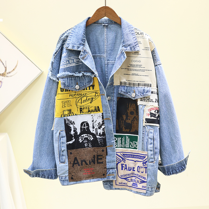 

New Dark 2021 Graphic Designer Denim Jacket Autumn Woman Clothes Streetwear Ziuq X1G4, Black