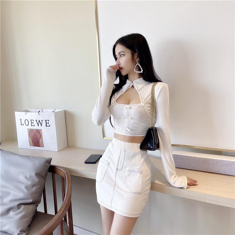 

2021 New Sexy Female Two Solid Piece Sets Turn-down Collar Hollow Front Sleeve Off Thin Cropped Sleeves Wrapping Mini Skirt KC63, Blue