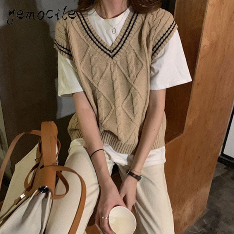 

2 colors 2020 korean preppy style V-neck color patchwork v neck vest sweaters womens knitted sweaters, Beige