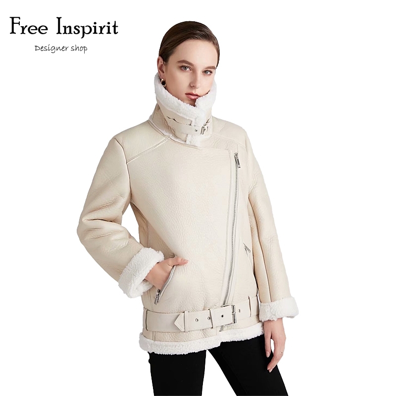 

Winter Moto Biker Sheepskin Coats Women Thicken Faux Leather Fur Coat Female Fur Lining Leather Jacket Aviator Jacket 210201, White