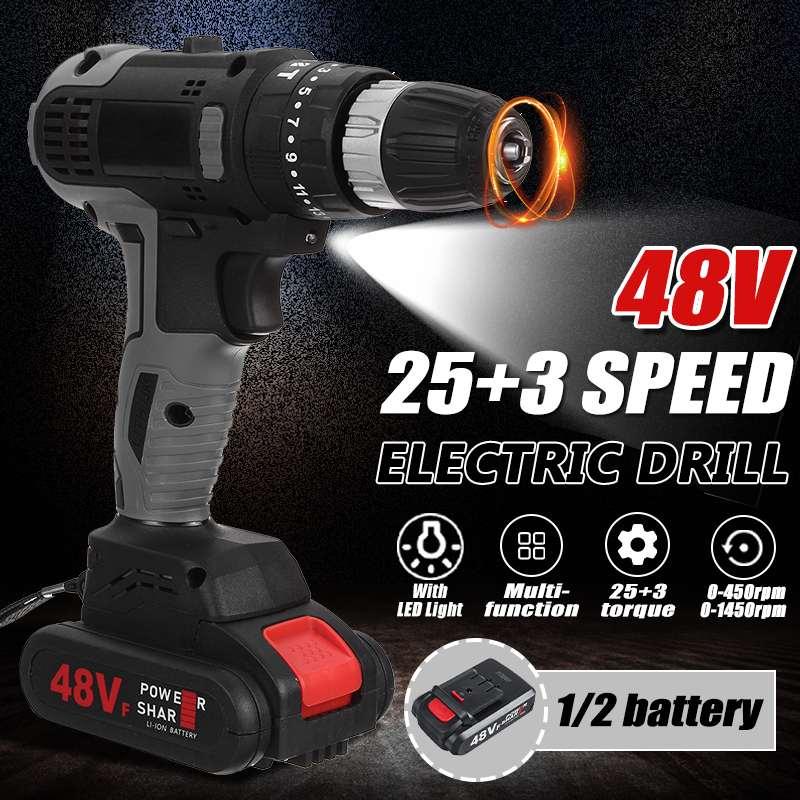 

25+3 Torque Cordless Brushless Impact Drill Screwdriver 48V Rechargeable Dual Speed Power Tools With 2 Battery