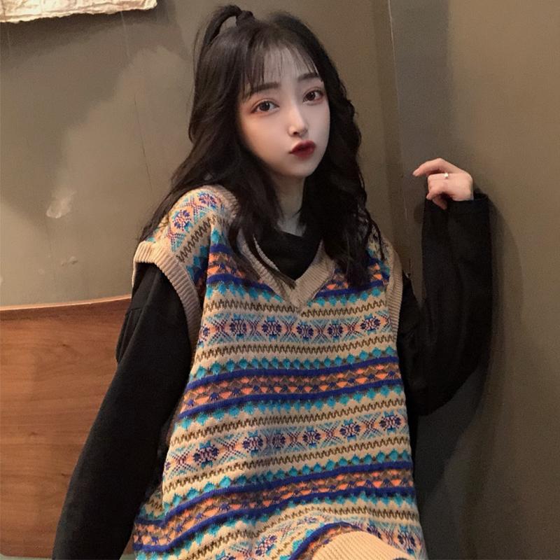 

Korean vintage loose sleeveless pullovers Female v-neck patchwork knitted casual vest fashion sweaters for women autumn new, Khaki vest