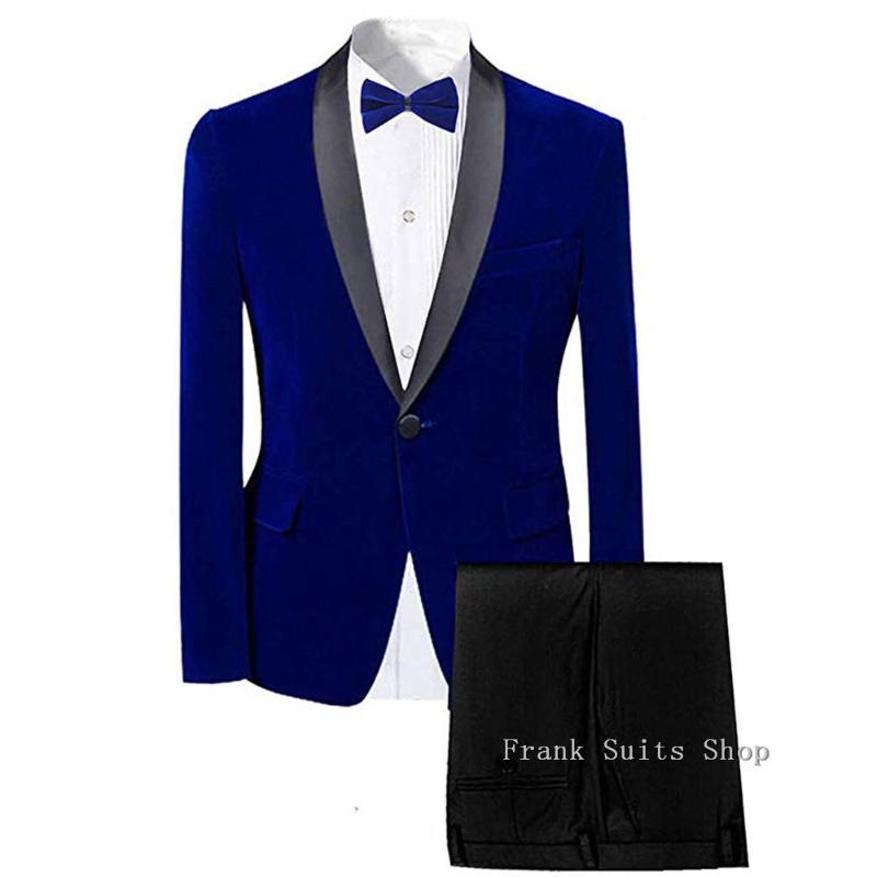 

Royal Blue Velvet Slim Fit Men Suits Double Breasted 2 Piece Men's Stage Clothes Wedding Tuxedos for Groom Prom Latest Coat Pant, As picture