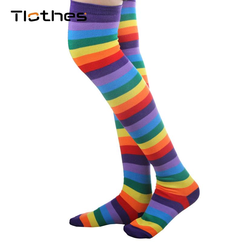 

Harajuku Thigh High Socks Cosplay Rainbow Striped Colorful Party Prop Socks Knitted Over The Knee Fingerless Gloves, 60cm long scoks