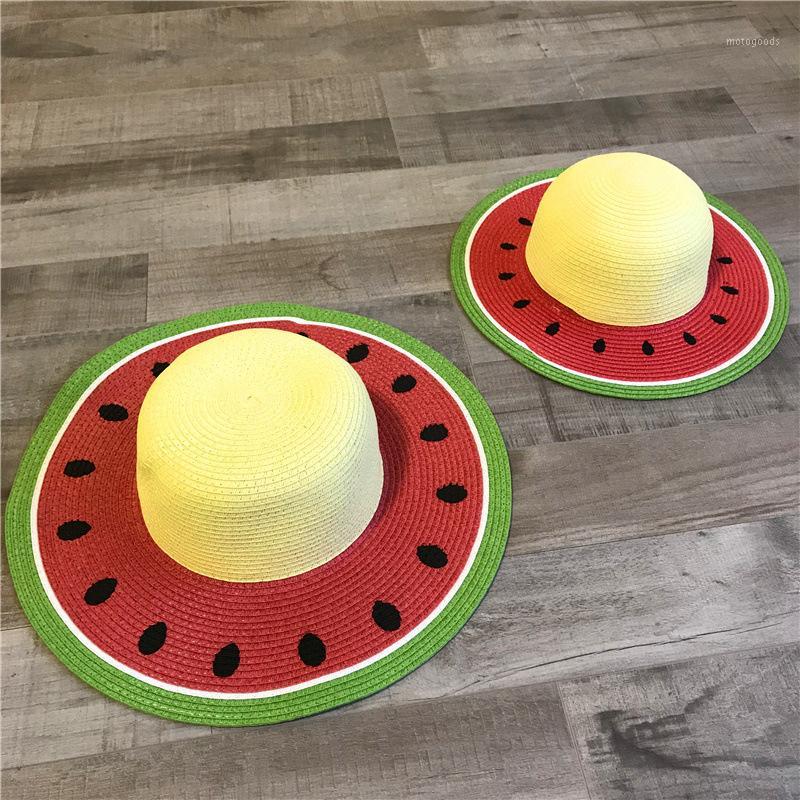 

New Straw hat summer outing melon pattern flat large brim sun block sunshade cute Korean version parent-child beach casual hats1, Red